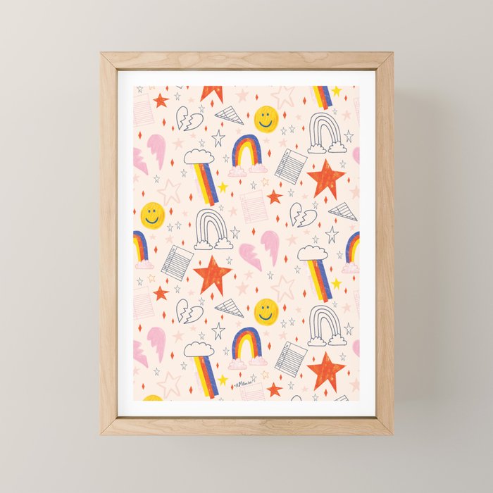 Happy Smiley Face & Retro Rainbows in Dusty Pink Mini Art Print Gallery Image 1
