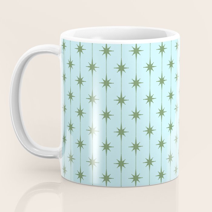 Mid Century Modern Stars and Dots Pattern in Light Aqua Blue and Olive Green Coffee Mug Gallery Image 3