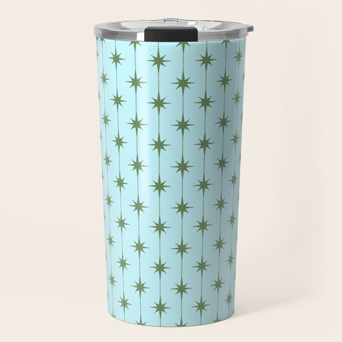 Mid Century Modern Stars and Dots Pattern in Light Aqua Blue and Olive Green Travel Mug Gallery Image 1
