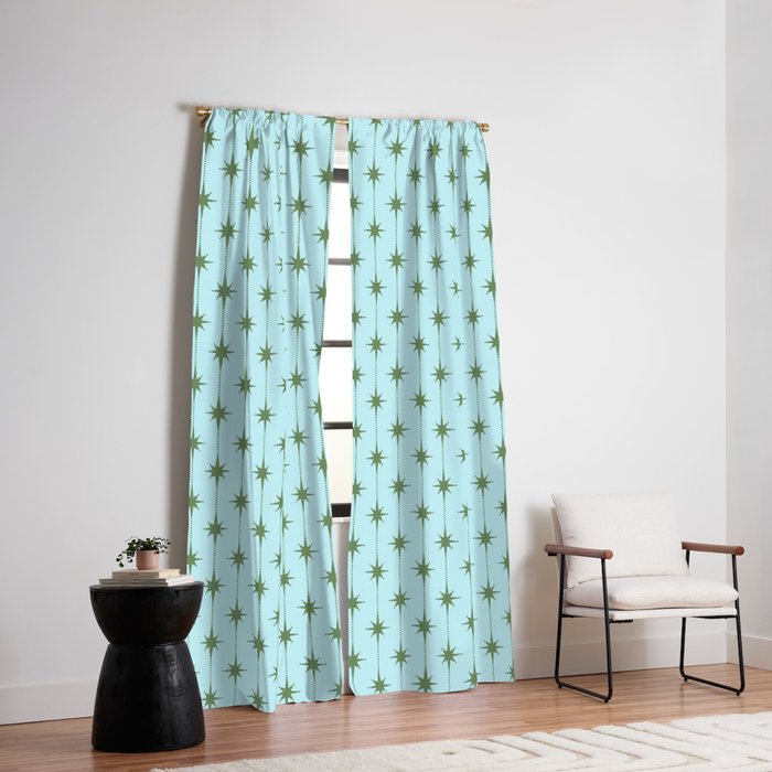 Mid Century Modern Stars and Dots Pattern in Light Aqua Blue and Olive Green Window Curtain Gallery Image 6