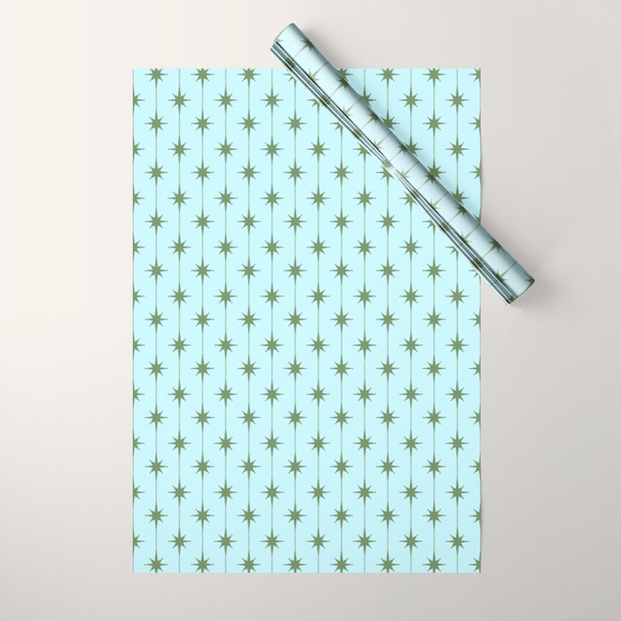 Mid Century Modern Stars and Dots Pattern in Light Aqua Blue and Olive Green Wrapping Paper Gallery Image 1