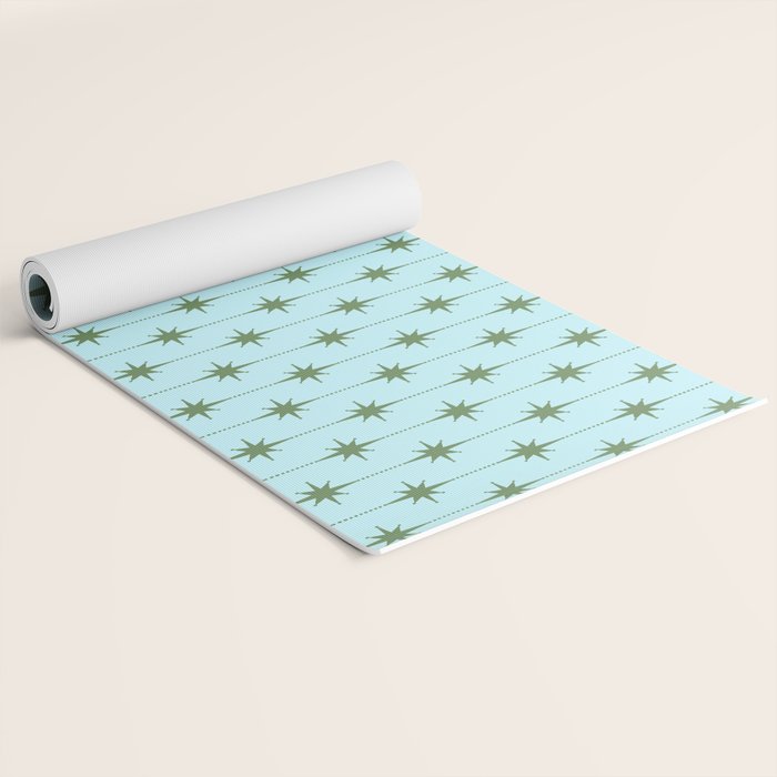 Mid Century Modern Stars and Dots Pattern in Light Aqua Blue and Olive Green Yoga Mat Gallery Image 2