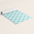 Mid Century Modern Stars and Dots Pattern in Light Aqua Blue and Olive Green Yoga Mat Gallery Image 2