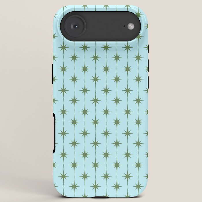 Mid Century Modern Stars and Dots Pattern in Light Aqua Blue and Olive Green iPhone Case Gallery Image 6