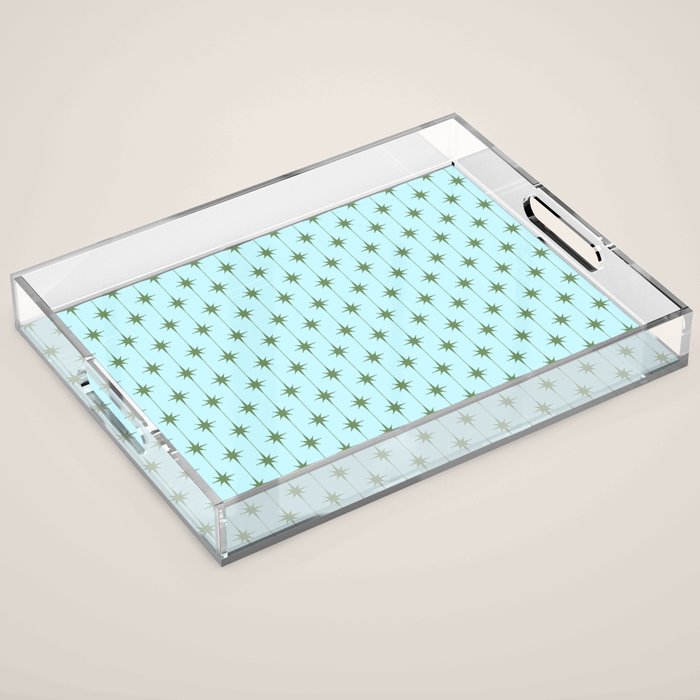 Mid Century Modern Stars and Dots Pattern in Light Aqua Blue and Olive Green Acrylic Tray Gallery Image 1