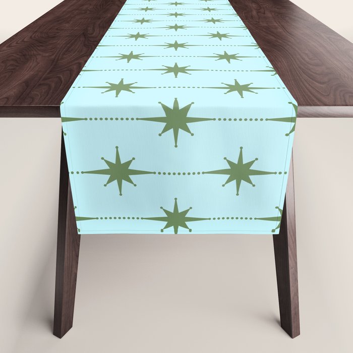 Mid Century Modern Stars and Dots Pattern in Light Aqua Blue and Olive Green Table Runner Gallery Image 1