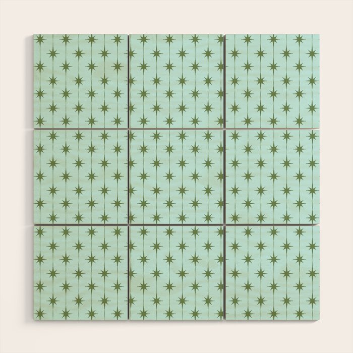 Mid Century Modern Stars and Dots Pattern in Light Aqua Blue and Olive Green Wood Wall Art Gallery Image 1