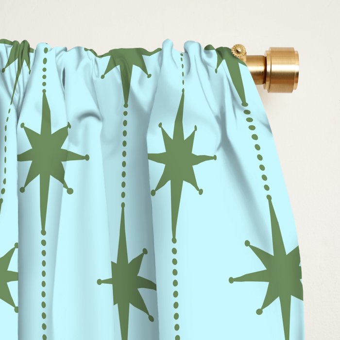 Mid Century Modern Stars and Dots Pattern in Light Aqua Blue and Olive Green Window Curtain Gallery Image 2