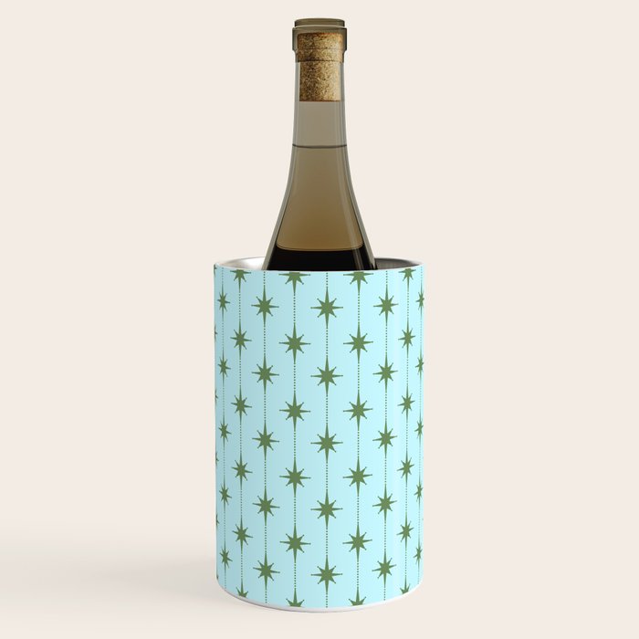 Mid Century Modern Stars and Dots Pattern in Light Aqua Blue and Olive Green Wine Chiller Gallery Image 3