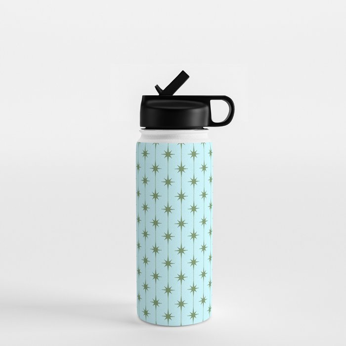 Mid Century Modern Stars and Dots Pattern in Light Aqua Blue and Olive Green Water Bottle Gallery Image 1