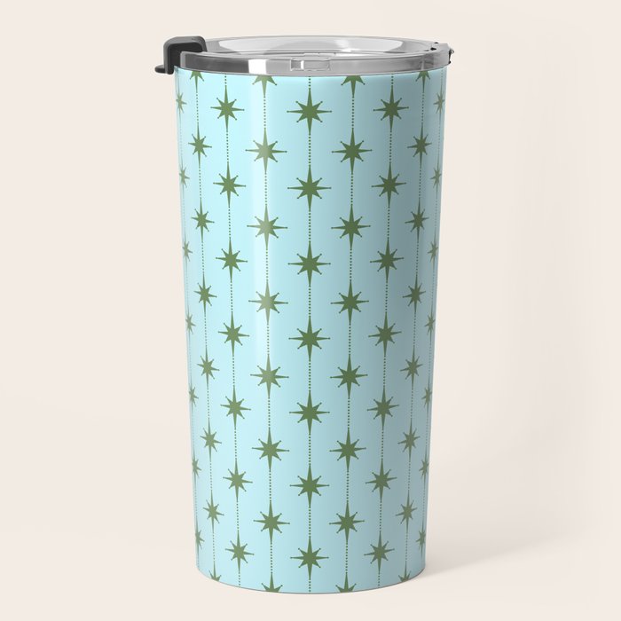 Mid Century Modern Stars and Dots Pattern in Light Aqua Blue and Olive Green Travel Mug Gallery Image 3