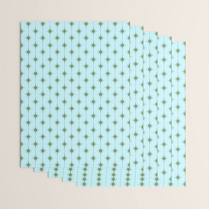 Mid Century Modern Stars and Dots Pattern in Light Aqua Blue and Olive Green Wrapping Paper Gallery Image 3