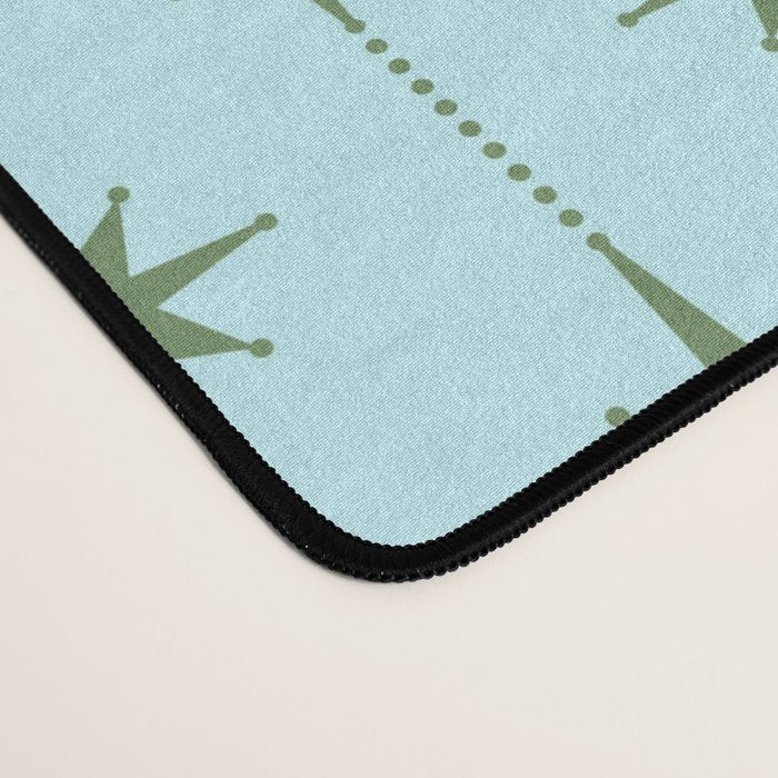Mid Century Modern Stars and Dots Pattern in Light Aqua Blue and Olive Green Desk Mat Gallery Image 4