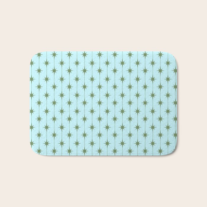 Mid Century Modern Stars and Dots Pattern in Light Aqua Blue and Olive Green Bath Mat Gallery Image 1