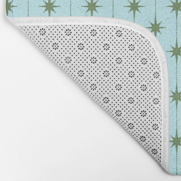 Mid Century Modern Stars and Dots Pattern in Light Aqua Blue and Olive Green Bath Mat Gallery Image 2