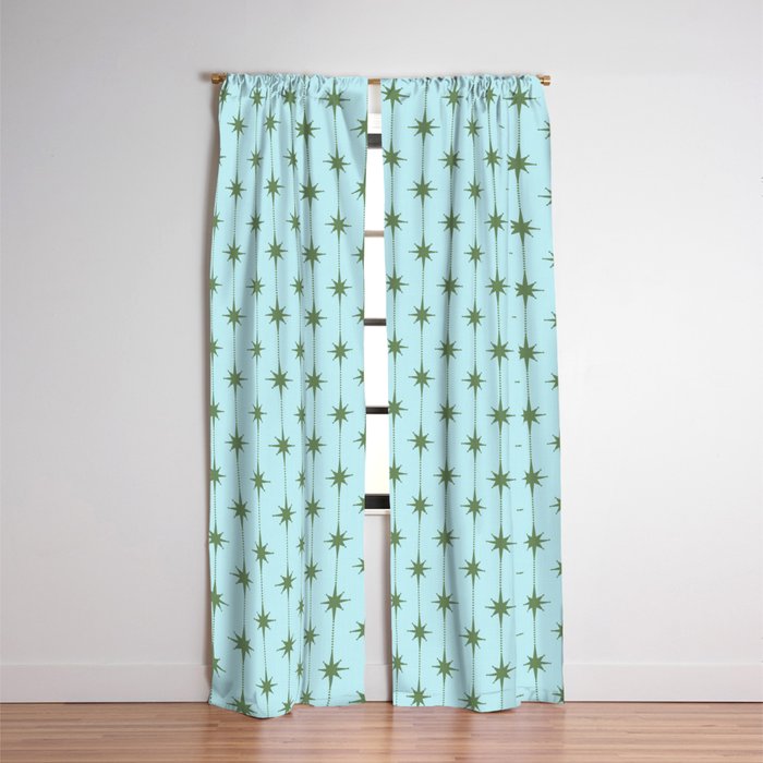 Mid Century Modern Stars and Dots Pattern in Light Aqua Blue and Olive Green Window Curtain Gallery Image 3