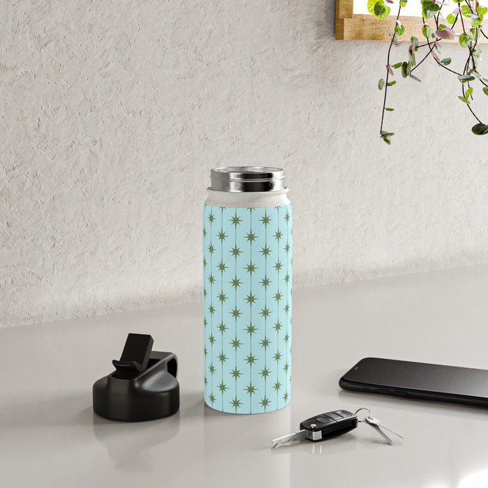 Mid Century Modern Stars and Dots Pattern in Light Aqua Blue and Olive Green Water Bottle Gallery Image 4
