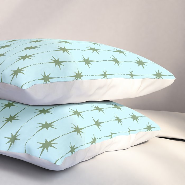 Mid Century Modern Stars and Dots Pattern in Light Aqua Blue and Olive Green Pillow Sham Gallery Image 3