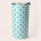 Mid Century Modern Stars and Dots Pattern in Light Aqua Blue and Olive Green Travel Mug Gallery Image 2