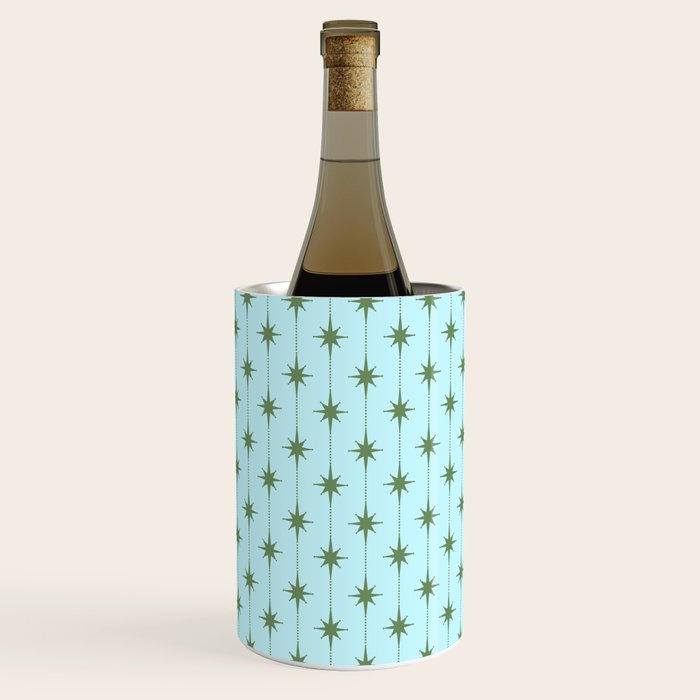 Mid Century Modern Stars and Dots Pattern in Light Aqua Blue and Olive Green Wine Chiller Gallery Image 1