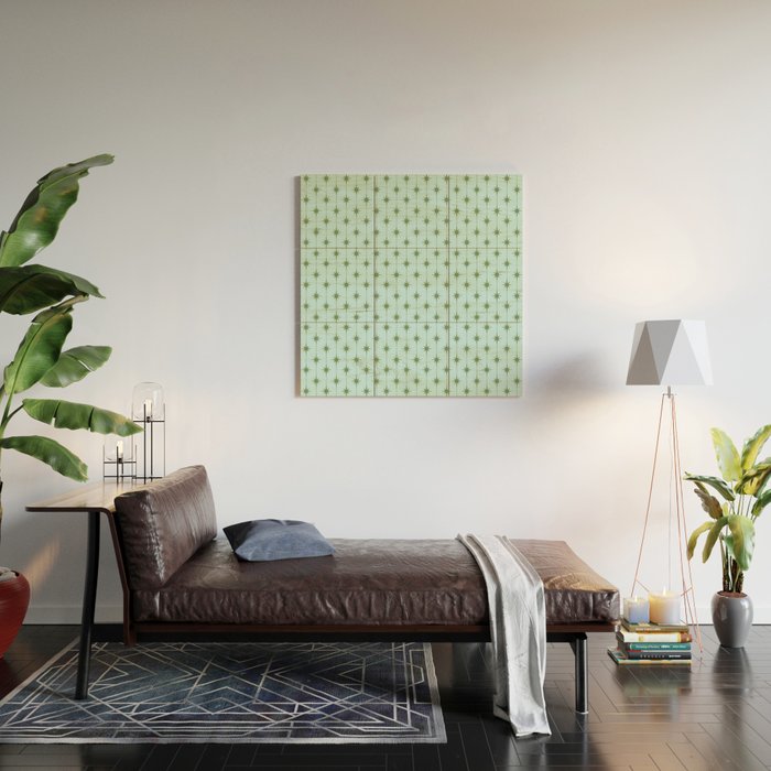 Mid Century Modern Stars and Dots Pattern in Light Aqua Blue and Olive Green Wood Wall Art Gallery Image 2