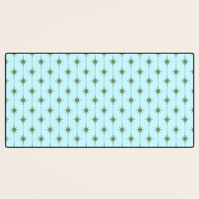 Mid Century Modern Stars and Dots Pattern in Light Aqua Blue and Olive Green Desk Mat Gallery Image 3
