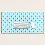 Mid Century Modern Stars and Dots Pattern in Light Aqua Blue and Olive Green Desk Mat Gallery Image 1