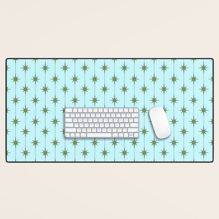 Mid Century Modern Stars and Dots Pattern in Light Aqua Blue and Olive Green Desk Mat Gallery Image 1