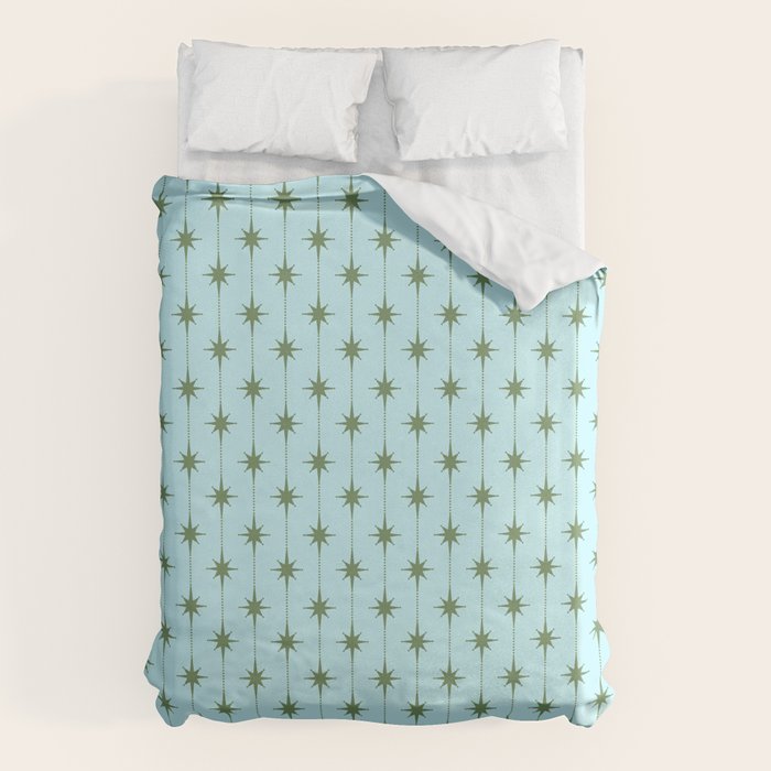 Mid Century Modern Stars and Dots Pattern in Light Aqua Blue and Olive Green Duvet Cover Gallery Image 1