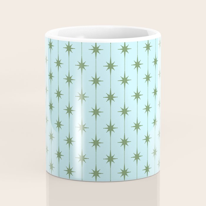 Mid Century Modern Stars and Dots Pattern in Light Aqua Blue and Olive Green Coffee Mug Gallery Image 4