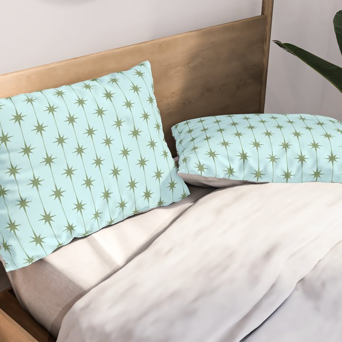 Mid Century Modern Stars and Dots Pattern in Light Aqua Blue and Olive Green Pillow Sham Gallery Image 2