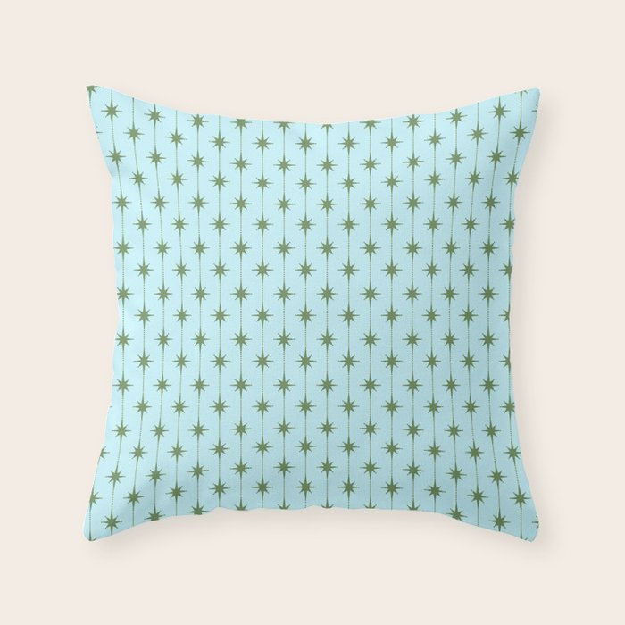 Mid Century Modern Stars and Dots Pattern in Light Aqua Blue and Olive Green Throw Pillow Gallery Image 6