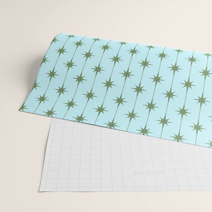 Mid Century Modern Stars and Dots Pattern in Light Aqua Blue and Olive Green Wrapping Paper Gallery Image 2