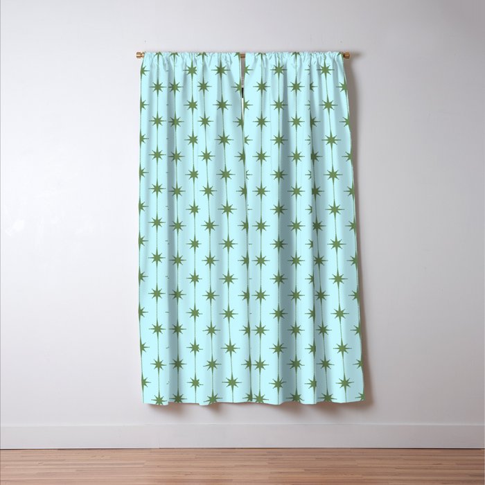 Mid Century Modern Stars and Dots Pattern in Light Aqua Blue and Olive Green Window Curtain Gallery Image 3
