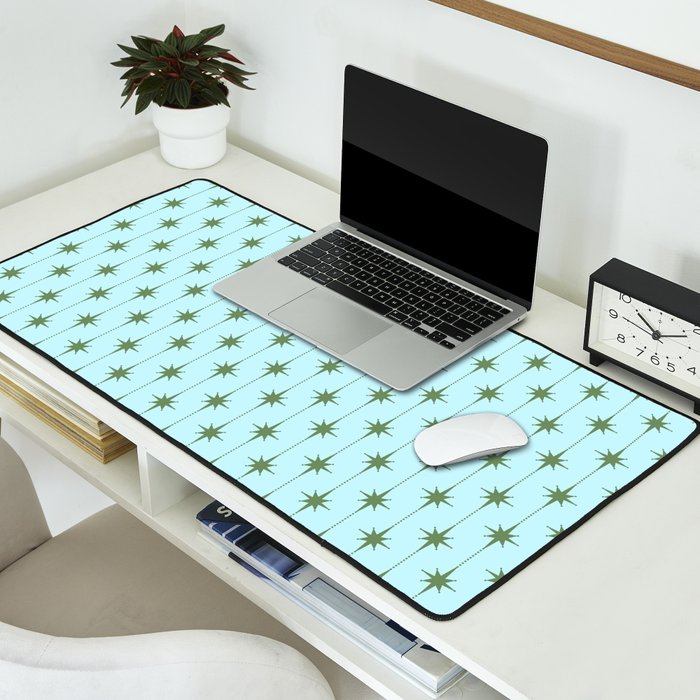 Mid Century Modern Stars and Dots Pattern in Light Aqua Blue and Olive Green Desk Mat Gallery Image 2