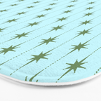 Mid Century Modern Stars and Dots Pattern in Light Aqua Blue and Olive Green Bath Mat Gallery Image 3