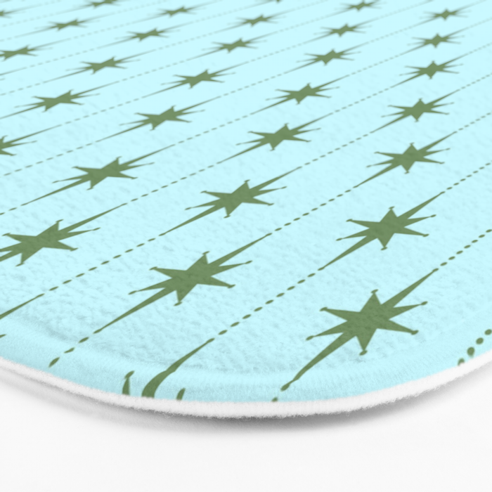 Mid Century Modern Stars and Dots Pattern in Light Aqua Blue and Olive Green Bath Mat Gallery Image 3