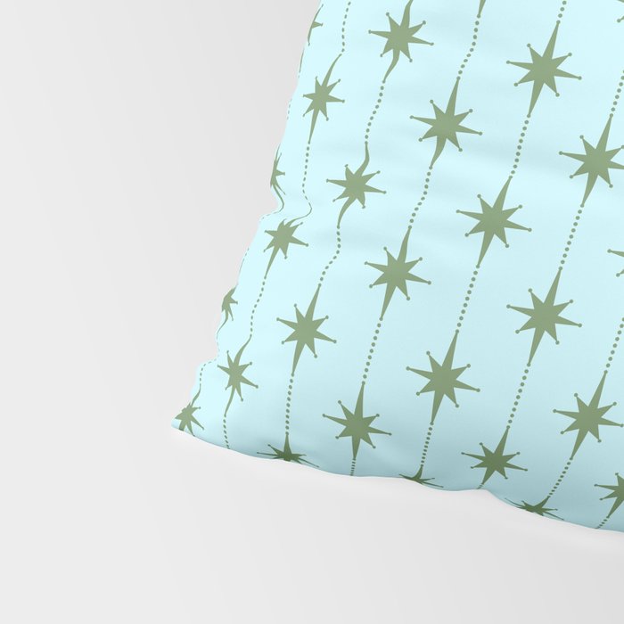 Mid Century Modern Stars and Dots Pattern in Light Aqua Blue and Olive Green Pillow Sham Gallery Image 4