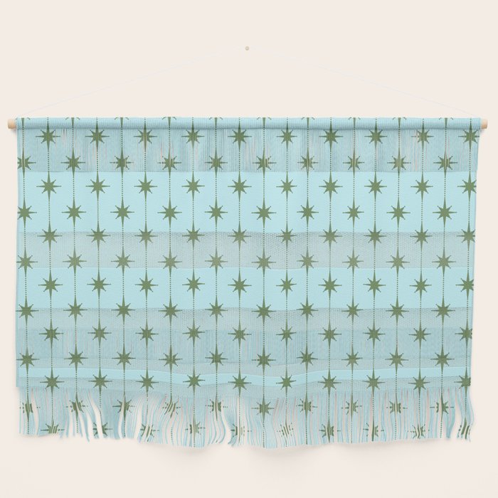 Mid Century Modern Stars and Dots Pattern in Light Aqua Blue and Olive Green Wall Hanging Gallery Image 1