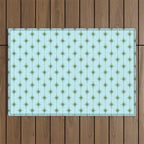 Mid Century Modern Stars and Dots Pattern in Light Aqua Blue and Olive Green Outdoor Rug Gallery Image 1