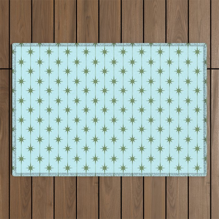 Mid Century Modern Stars and Dots Pattern in Light Aqua Blue and Olive Green Outdoor Rug Gallery Image 1