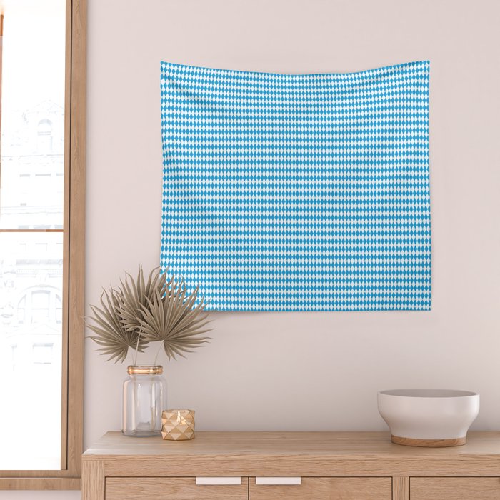 Oktoberfest Bavarian Blue and White Small Diagonal Diamond Pattern Wall Tapestry Gallery Image 2