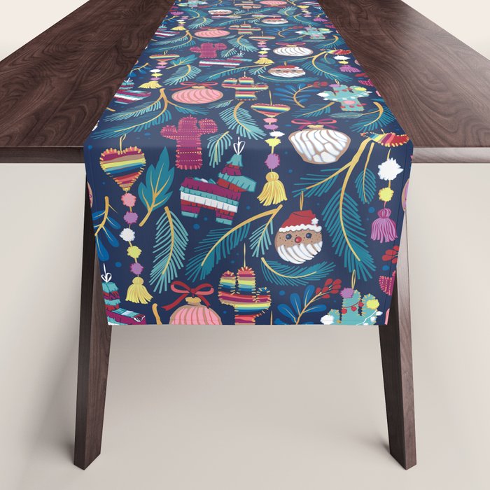 Mexican Christmas Tree // blue background blue pine leaves multicoloured holiday decorations pan dulce balls cacti hearts birds pom-pom garland pinatas santa claus conchas donuts Table Runner Gallery Image 1