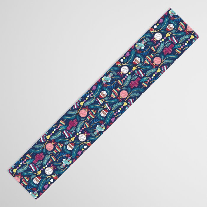 Mexican Christmas Tree // blue background blue pine leaves multicoloured holiday decorations pan dulce balls cacti hearts birds pom-pom garland pinatas santa claus conchas donuts Table Runner Gallery Image 3
