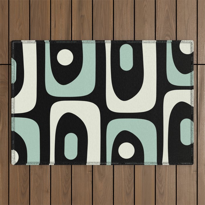 Long Piquet Mid Century Modern Minimalist Pattern Mint Black Outdoor Rug Gallery Image 1