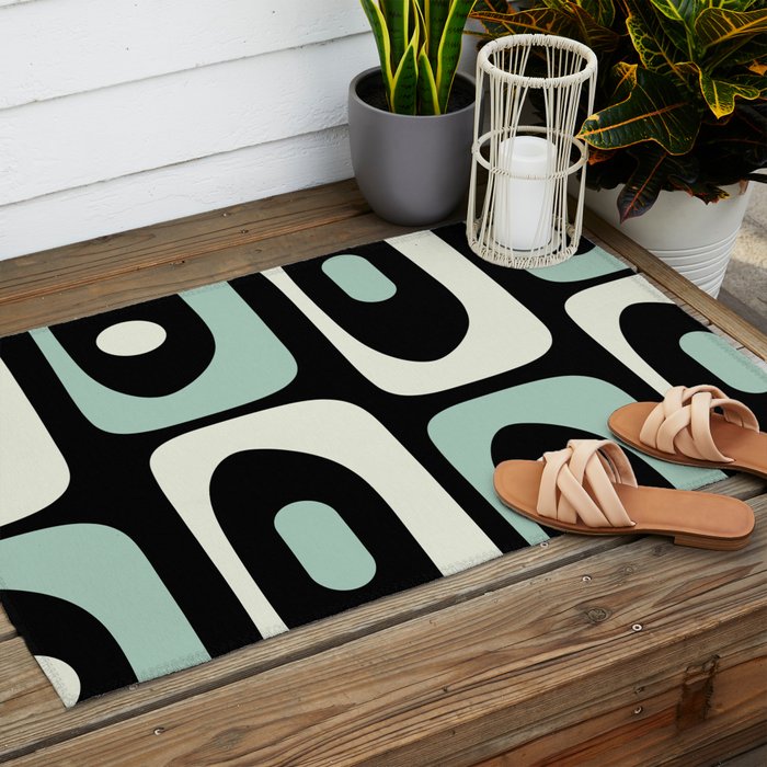 Long Piquet Mid Century Modern Minimalist Pattern Mint Black Outdoor Rug Gallery Image 2