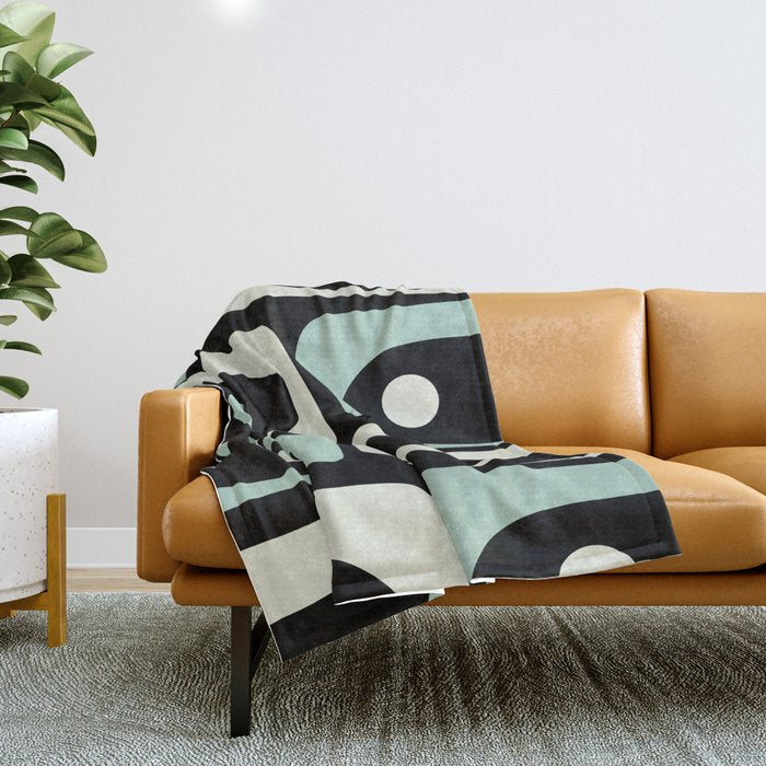 Long Piquet Mid Century Modern Minimalist Pattern Mint Black Throw Blanket Gallery Image 1