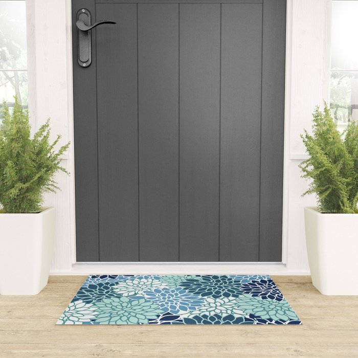 Dahlia Floral Blooms, Teal, Blue White Welcome Mat Gallery Image 3