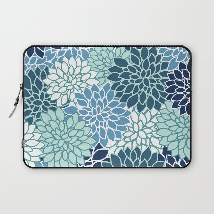Dahlia Floral Blooms, Teal, Blue White Laptop Sleeve Gallery Image 1