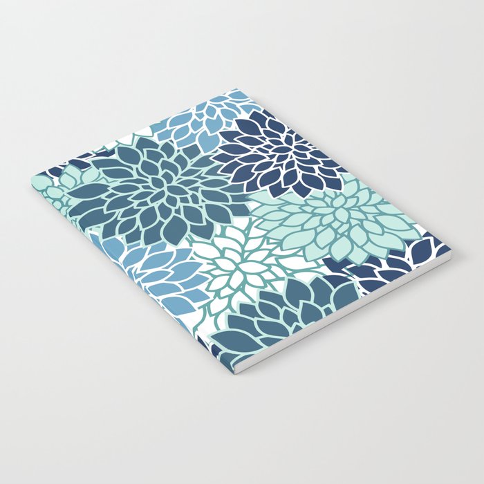 Dahlia Floral Blooms, Teal, Blue White Notebook Gallery Image 2
